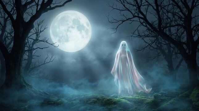 Spooky ghost haunting dark foggy forest under full moon glowing eerily for halloween horror.