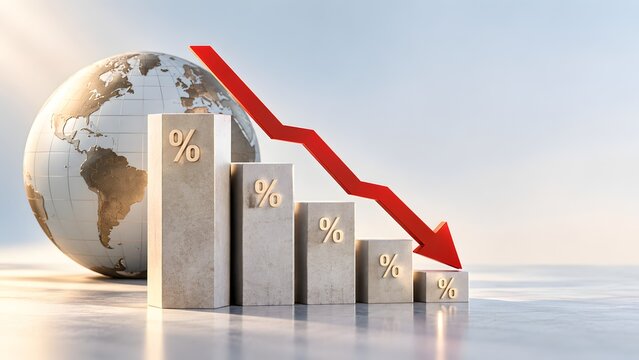 Global economic recession concept featuring metallic earth globe with descending stone graph and red downward arrow