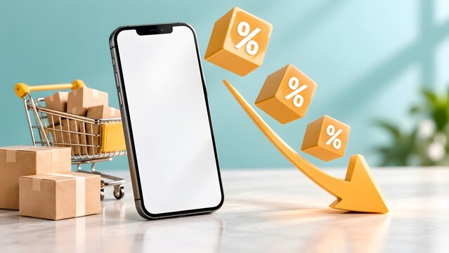 Online shopping discount concept with smartphone mockup miniature cart and downward arrow hitting percentage blocks