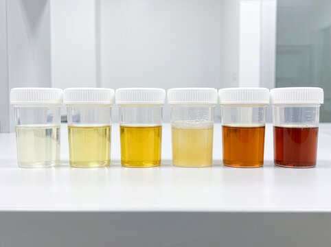 Six urine sample cups with white caps in a row showing color range from clear yellow to cloudy foamy, orange and dark brown with sediment