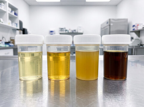 Four urine specimen cups with white caps in a row on a laboratory counter showing urine color comparison from pale yellow to dark brown