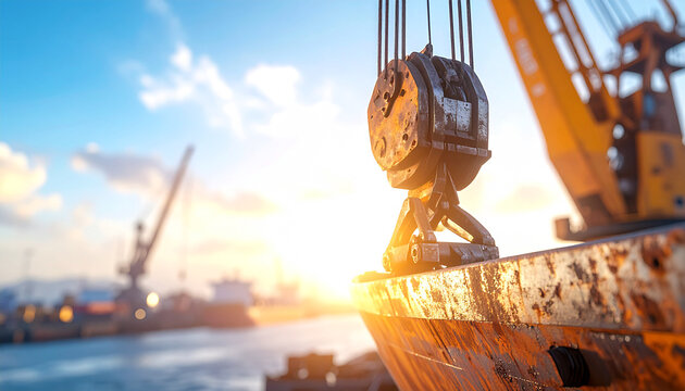 Harbor Sunrise: Massive cranes stand silhouetted against a vibrant sunrise at a bustling industrial port, hinting at the dawn of a new day of productivity and global commerce.