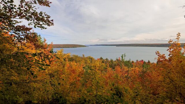 Autumn foliage overlooking a large lake Superior in the upper peninsula of Michigan