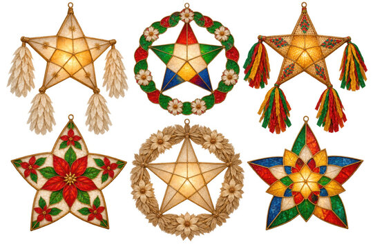 A collection of six beautifully crafted parol lanterns, illuminated with warm light, showcasing traditional Filipino Christmas decorations. Transparent Background. AI generative