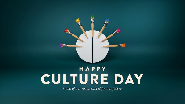 Happy culture day celebration with colorful paint brushes arranged around a white circle