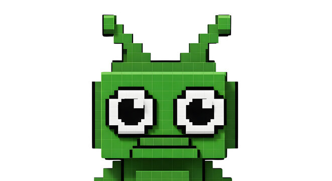 Green pixelated alien character head with large expressive eyes on a transparent background