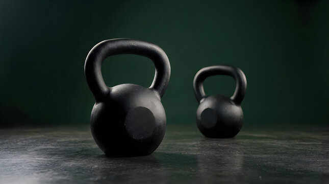 Two black cast iron kettlebells sitting on a textured dark surface with exercise equipment