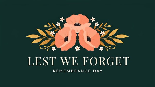Remembrance day lest we forget greeting card with poppy flowers illustration on dark green background