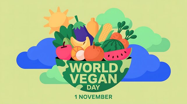 World vegan day 1 november vector graphic design with bowl of fresh fruits, vegetables, and sun