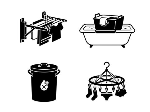 Set of monochromatic laundry accessories icons illustrating domestic cleaning and clothing care routines in a flat design style