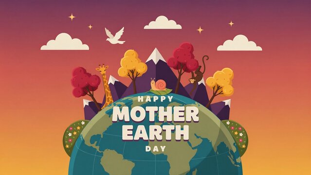 Happy mother earth day illustration with globe, mountains, trees, animals, and birds at sunset