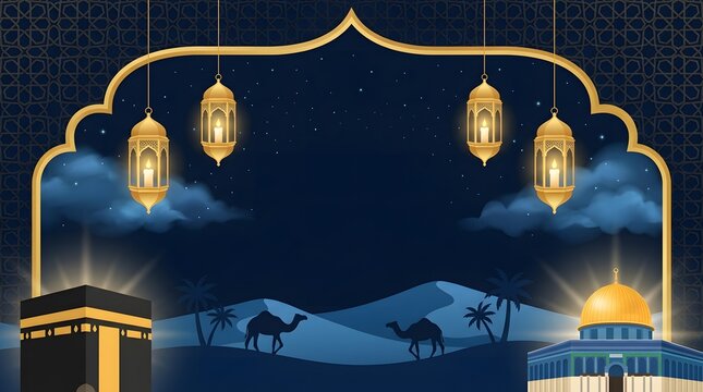 Islamic banner design with elegant gold arch border, hanging lanterns, glowing Dome of the Rock, Kaaba, and desert background under starry sky.