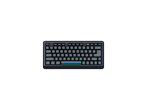 Compact Dark Computer Keyboard With Gray Keys, Yellow Accent Details, And A Glowing Green Space Bar For Modern Gaming And Desktop Technology, Vector Illustration