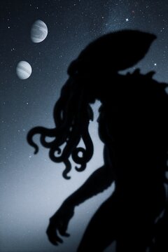 Vertical silhouette of a tentacled alien monster against a starry night sky. Cosmic horror sci-fi concept with two planets