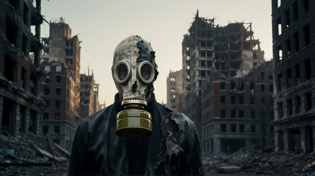 Survivor in a damaged gas mask standing in a destroyed city. Post apocalyptic urban wasteland with ruined buildings. Dystopian war and fallout concept