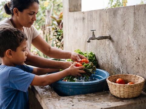 M&atilde;e e filho lavam vegetais em bacia na &aacute;rea externa