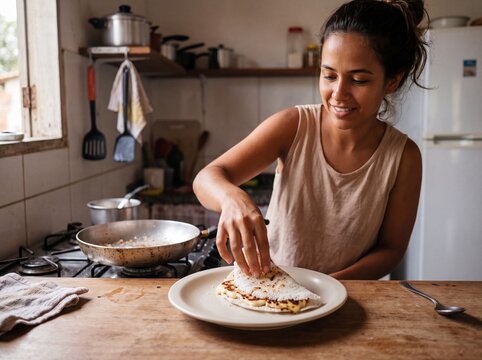 Jovem mulher brasileira sorrindo enquanto prepara tapioca com queijo na cozinha