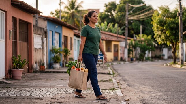 Mulher caminhando na cal&ccedil;ada com sacola retorn&aacute;vel cheia de legumes e verduras