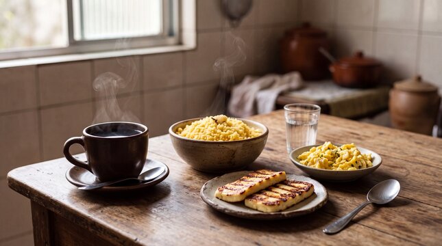 Caf&eacute; da manh&atilde; regional nordestino com cuscuz, queijo coalho e ovos mexidos em mesa r&uacute;stica.