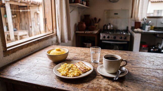 Mesa r&uacute;stica de caf&eacute; da manh&atilde; com cuscuz, queijo coalho grelhado e caf&eacute; quente na cozinha.