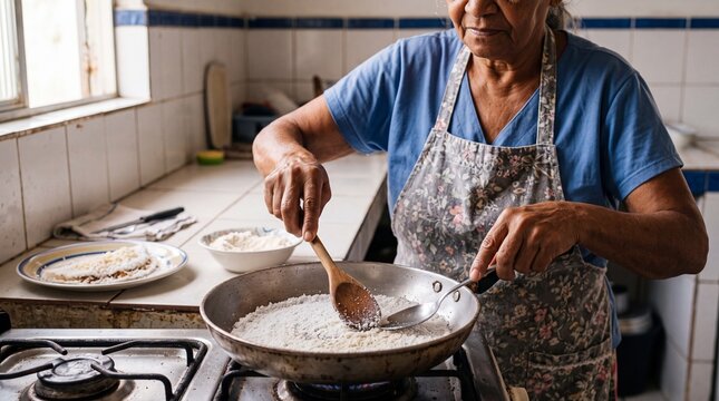 Mulher idosa com avental preparando tapioca tradicional na frigideira em fog&atilde;o de cozinha simples