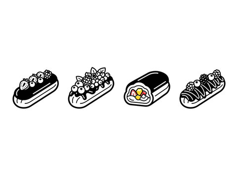 Set of delicious fruit eclair vector icons featuring gourmet pastries with fresh berries and cream isolated on white background