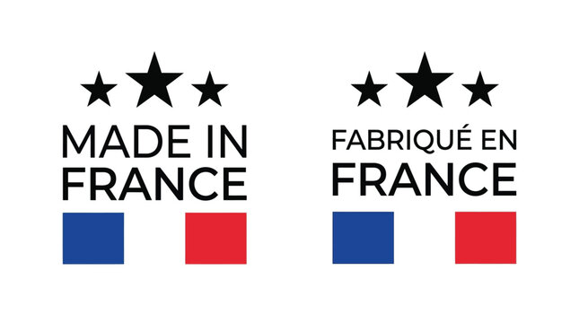 Made in France and fabrique en France typography text labels with tricolor national flags