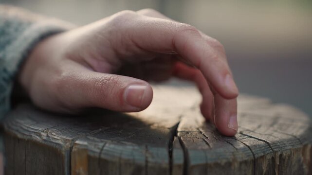 Close up view shows human hand gently placed upon rough wooden texture with visible grain and crack details. focus remains steady throughout emphasizing tactile interaction between skin