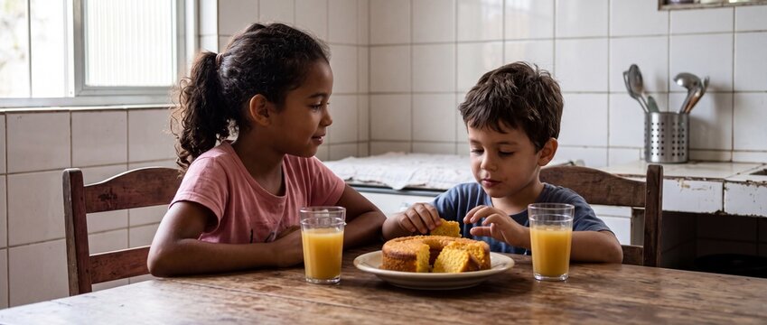 Menina e menino comendo bolo de milho caseiro com copos de suco de laranja na mesa