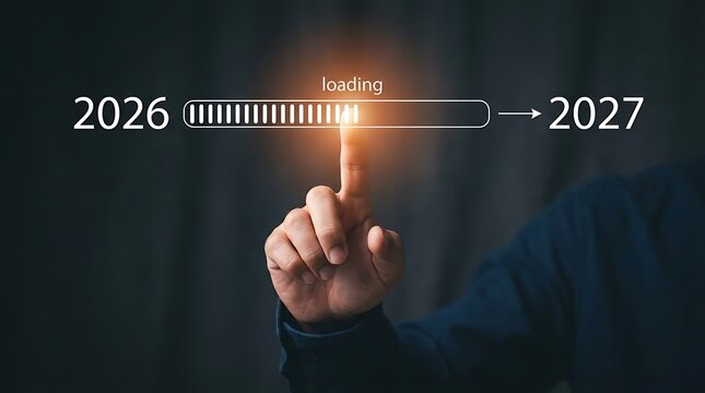 Index finger touching progress loading bar transitioning from 2026 to 2027 over dark textured background representing technological progress and future planning.