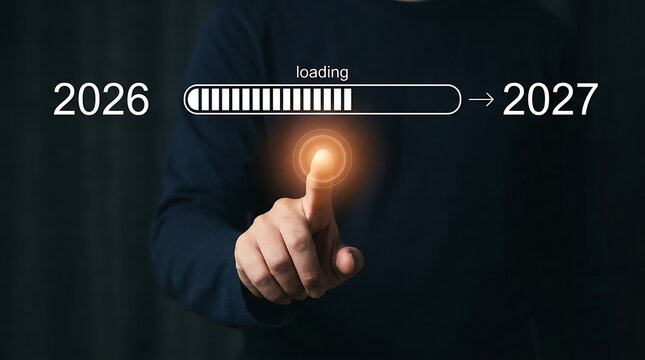 Finger pressing loading bar advancing from 2026 to 2027 showing progress and transition towards new year goal achievement with light effect.