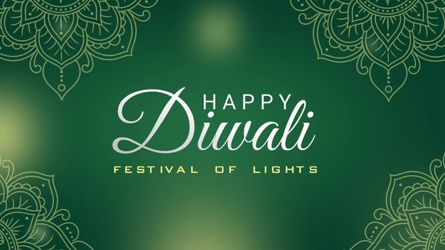 Happy Diwali Festival of Lights Greeting with Elegant Mandala Ornament on Green Background, 4k motion animation video 