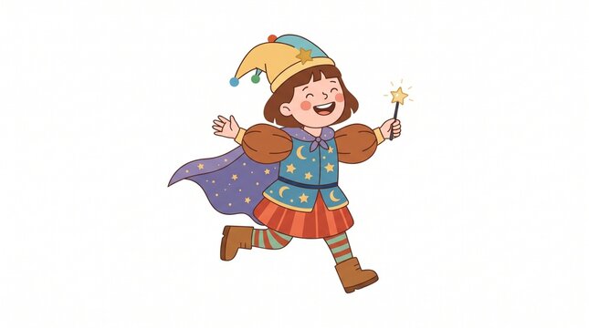 Cute cartoon child dressed as a wizard holding a magic wand and running