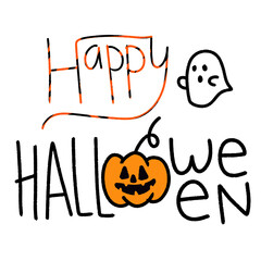 Hand drawn Happy Halloween typography design with cute ghost and jack o lantern pumpkin © eca