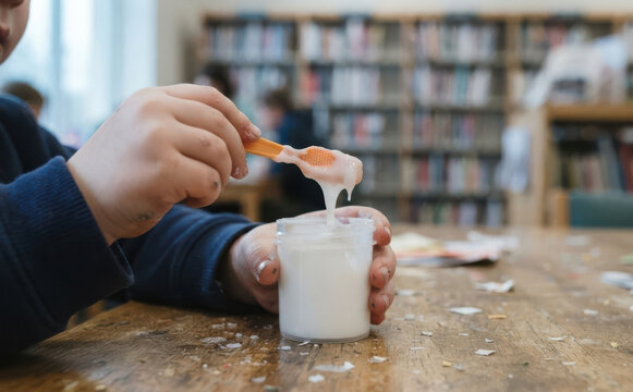 Child scooping white glue with small orange spoon from plastic jar in school library crafting activity