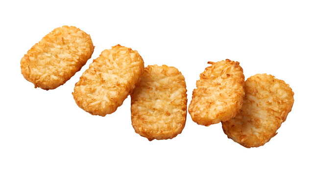 Golden brown hash browns isolated on white background, crispy fried potato patties, five pieces of shredded potato breakfast sides