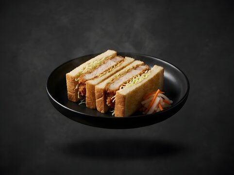 Delicious japanese katsu sando pork cutlet sandwich served on a black plate against a dark smoky background, gourmet street food concept