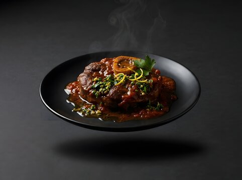 Delicious osso buco served on a black plate with a rich tomato sauce, garnished with fresh herbs and lemon zest, captured against a dark, minimalist studio background