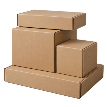 Four brown cardboard boxes of varying sizes stacked and arranged in a neat, compact formation.