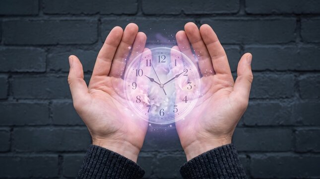 Hands holding a glowing magical clock face with floral elements and sparkling particles against a dark brick wall background symbolizing time and magic.