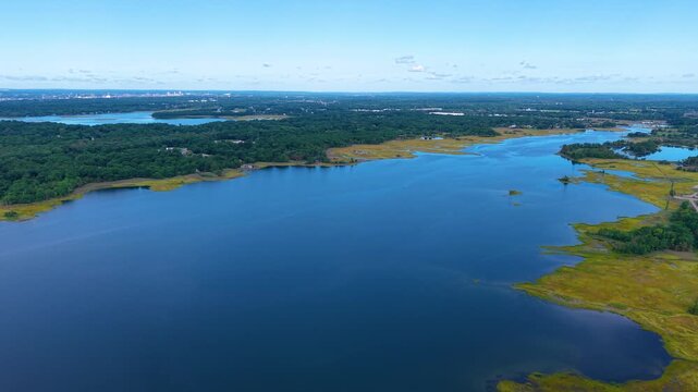 Palmer River aerial view in town of Warren, Rhode Island RI, USA. 