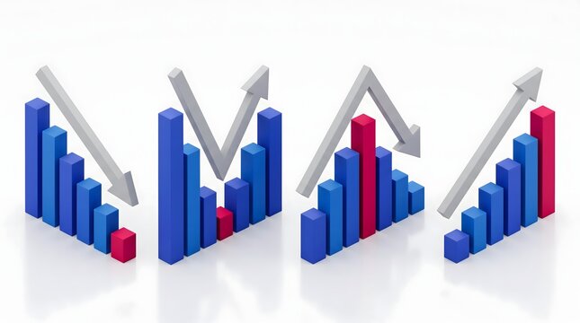Bar chart graphs showing fluctuating trends with upward and downward arrows indicating growth decline and recovery in financial or business data.
