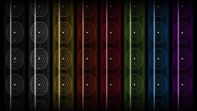 Abstract digital background with glowing neon concentric geometric shapes and vertical light streaks in a vibrant rainbow spectrum gradient pattern