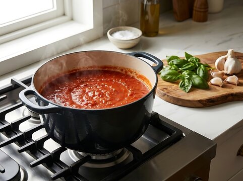Fresh red tomato sauce cooking in a large black pot on a kitchen stove with basil and garlic. marinara cooking tips