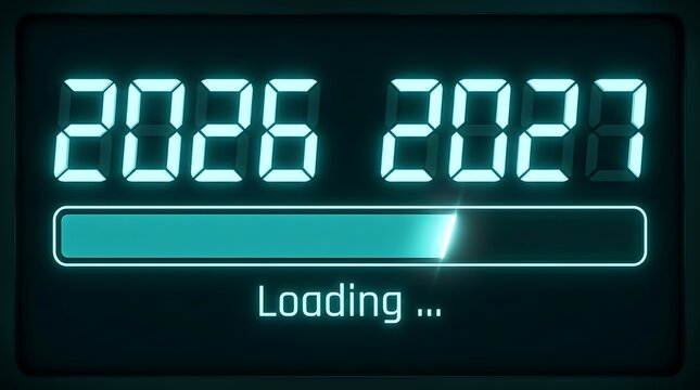 Glow cybernetic dashboard monitor showing progress status bar starting installation transition between twenty twenty-six and twenty twenty-seven digits.
