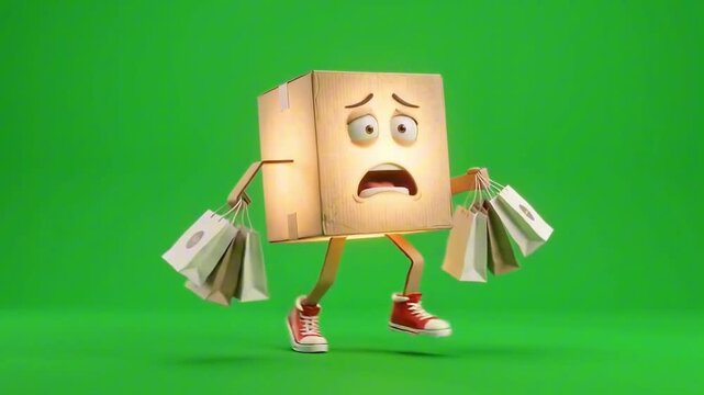 A cartoon character in the shape of a cardboard box looks stressed as it carries multiple shopping bags. The character has a worried expression and is walking with its arms laden with bags