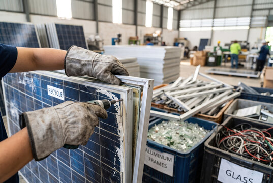 Gloved worker sorting solar panel and aluminum frame at recycling facility, separating glass and cable with focused care.