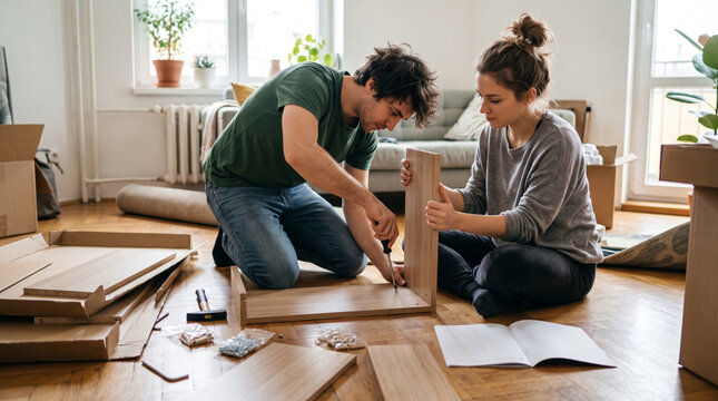 Couple assembling flat pack furniture together in a bright living room with boxes and tools scattered around