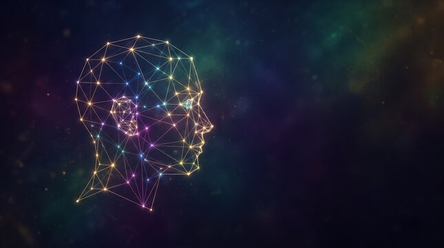 Abstract digital human face composed of colorful data streams and glowing particles on dark background