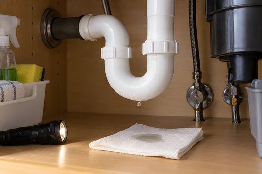 Water droplet beneath a sink pipe above a paper towel